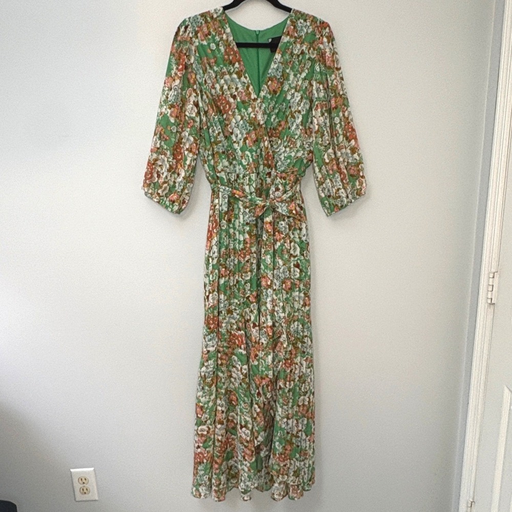 Maison Tara Green Floral Pleated Maxi Dress‎ V-Neck 3/4 Puff Sleeve Belted